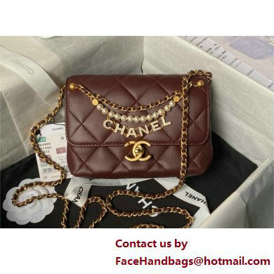 CHANEL Shiny Lambskin, Imitation Pearls & Gold-Tone Metal Mini Flap Bag AS4986 burgundy 2025 - Click Image to Close